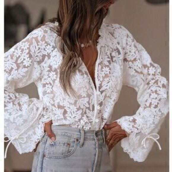 Tops - Guipure Lace on Mesh White V-Neck Floral Pattern Button Down Shirt Sheer